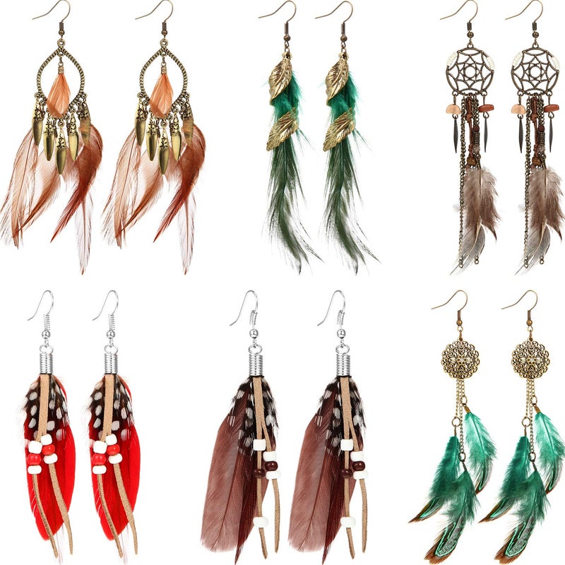 meekoo 6 Pairs Women Faux Feather Earrings Dream Catcher Bohemian Fringe Tassel Long Drop Dangle Earrings Set with Design for Women(Style 7) - Image 1